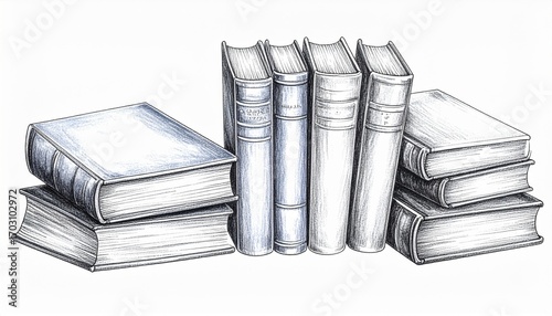 Pile of Classic Books with Detailed Pen Strokes in White Background