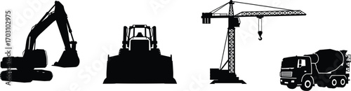 Construction vehicle silhouettes collection including excavator, bulldozer, tower crane, cement mixer truck — vector set for industrial and building design.