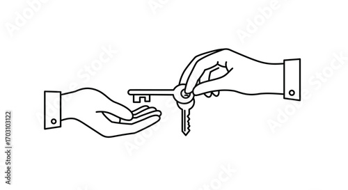 Handing over keys, one hand giving keys to another hand.