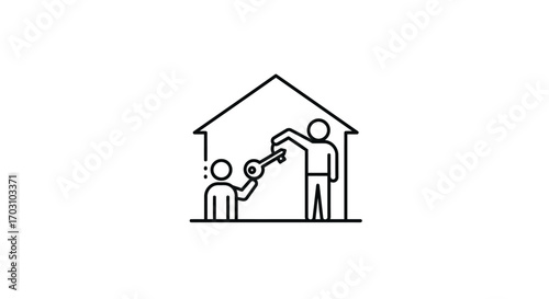 Handing over keys to a new house owner, line art.