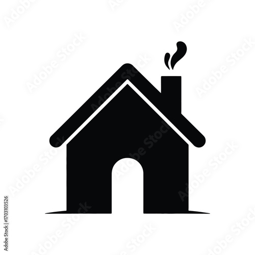 Black house with arched doorway and smoking chimney home building