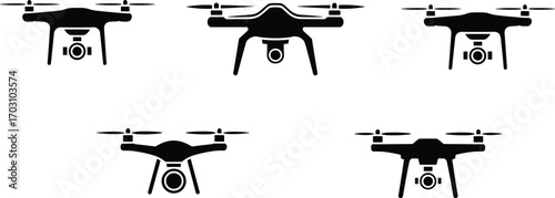 Set of drone icons with camera, quadcopter silhouettes for aerial photography, surveillance, technology, remote control flying devices vector illustration