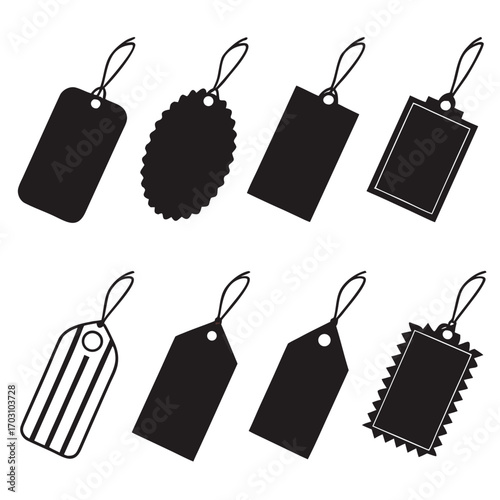 Collection of eight diverse black silhouette gift tags and price tags with strings on white background