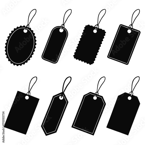 Collection of eight black silhouette price tags and labels with strings on a white background