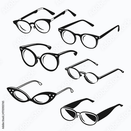 Collection of diverse eyeglasses and spectacles featuring various vintage and modern styles