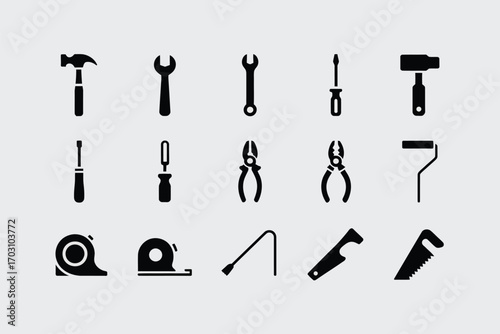 Black icons of construction and repair tools hammer wrench