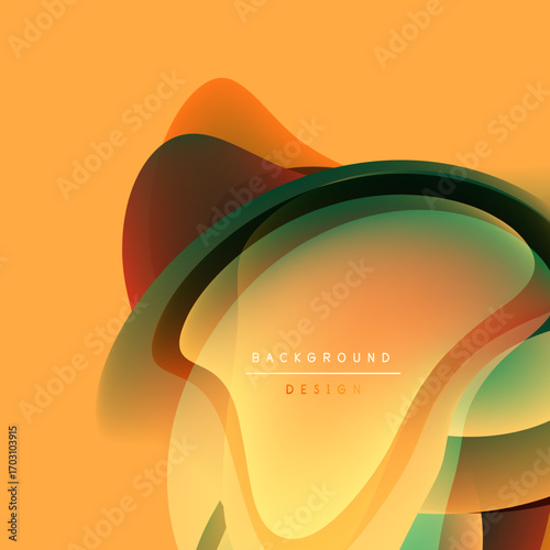 Abstract fluid shapes overlap, creating vibrant color gradients. Orange background complements design elements. Modern, dynamic composition.