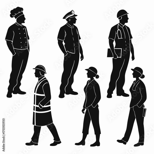 Diverse group of professionals in silhouette including a chef police officer doctor and construction worker