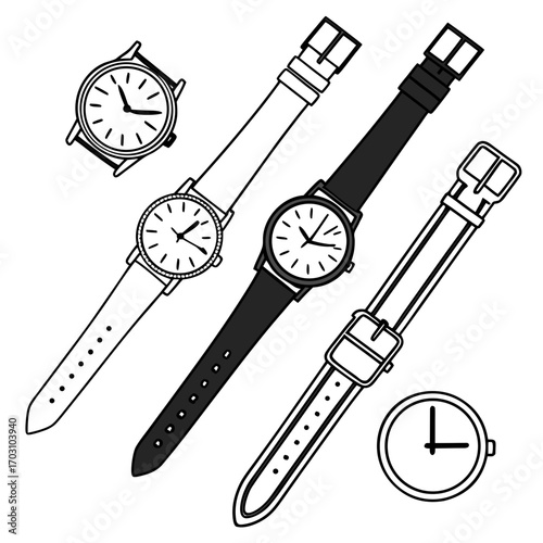 Collection of classic analog wristwatches with leather straps and simple round faces