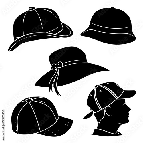 Collection of black silhouette hats including baseball caps and wide brim sun hats on white background