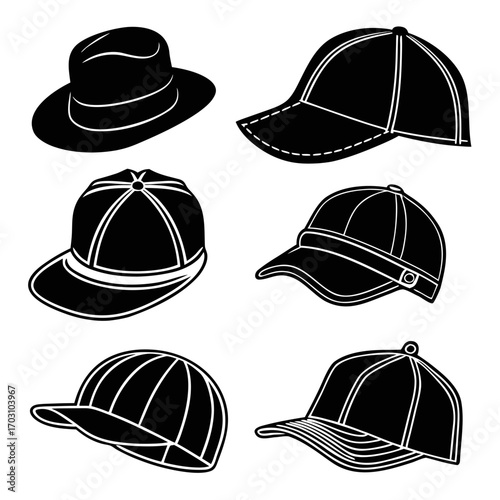 Collection of six black silhouette style hats including baseball caps and a fedora