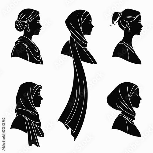 Diverse silhouettes of women in profile showing various headscarf styles and hairstyles