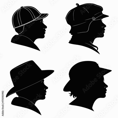 Four black silhouette profile views of children wearing different hats against a white background