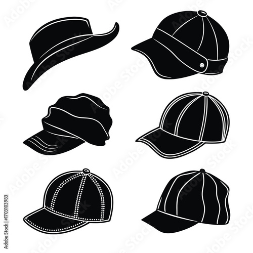 Collection of six black and white silhouette illustrations of various hats and caps on a white background