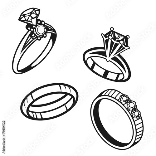 Collection of four stylized black and white line art rings including engagement and wedding bands