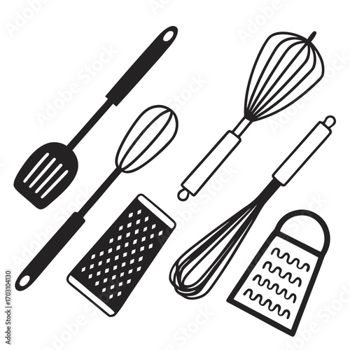 Collection of black and white kitchen utensils including whisks spatulas graters and rolling pin on a white background