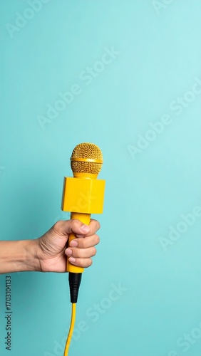 Hand holding a bright yellow microphone (2)