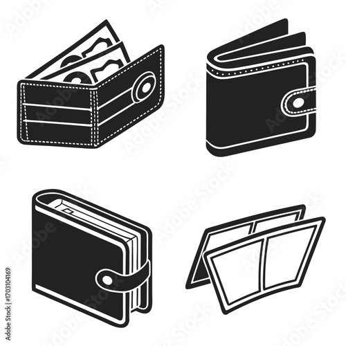 Collection of four black and white isometric wallet icons showing different views and contents