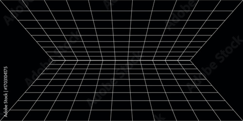 Abstract 3D grid tunnel with perspective lines on black background. Futuristic digital wireframe design perfect for technology, science, and virtual reality concepts.