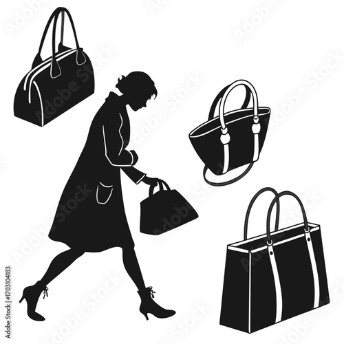 Silhouette of a woman in a coat carrying a handbag surrounded by various stylish bags