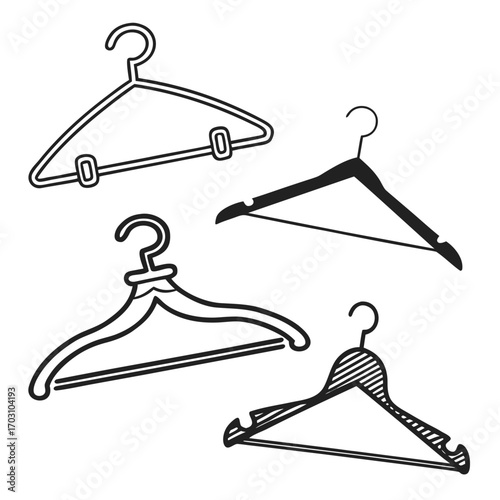 Collection of four diverse hand drawn clothing hangers in black and white on a white background