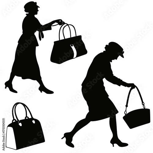 Elegant silhouettes of women in vintage fashion carrying stylish handbags and purses