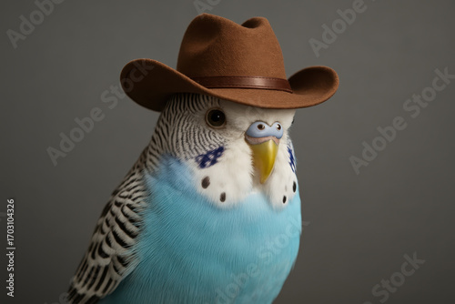 Side-facing portrait of a blue budgie wearing a brown cowboy hat, set against a neutral gray background in a funny studio setting.