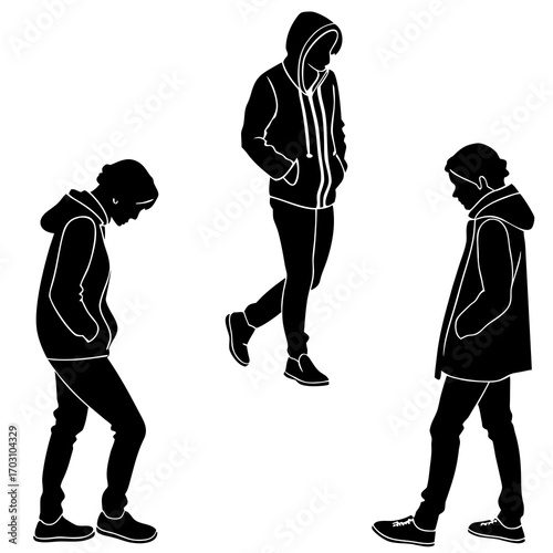 Three silhouettes of young people wearing hoodies and jeans in various poses on a white background
