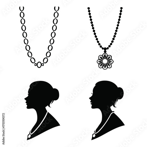 Collection of black silhouette necklaces and female profiles wearing pendants on a white background