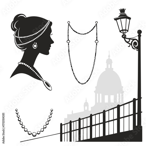 Elegant silhouette of a woman adorned with pearls and jewelry against a romantic cityscape backdrop