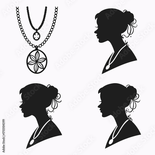 Elegant black silhouette collection of women s necklaces and profile portraits