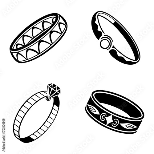 Collection of four distinct black and white ring icons featuring geometric patterns and a diamond engagement ring
