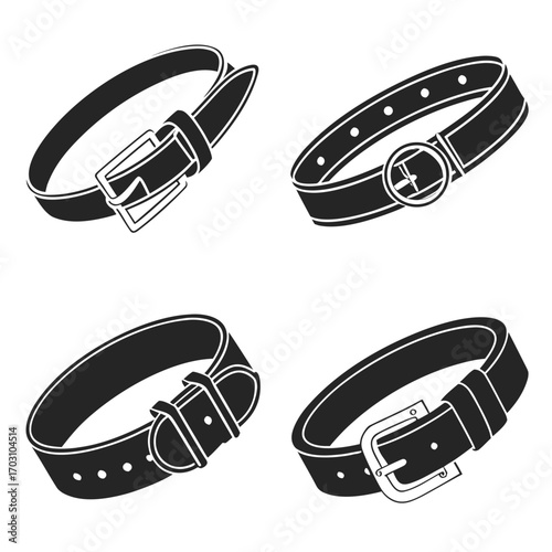 Collection of four black silhouette leather belts with different buckle styles on a white background