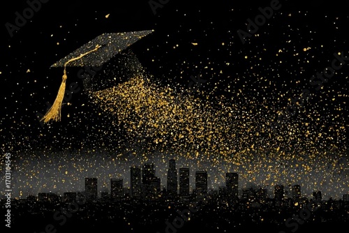 Graduation Cap with Golden Confetti Against Urban Skyline at Night