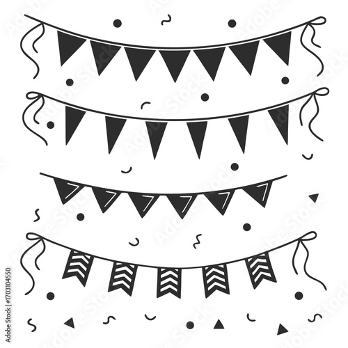 Set of four different styles of decorative festive bunting flags and confetti on a white background