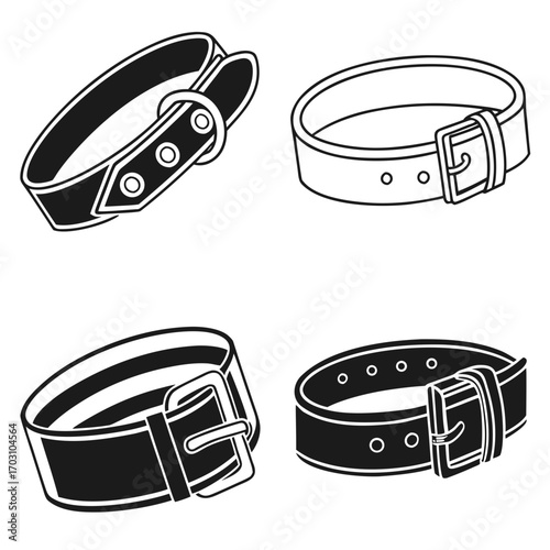 Collection of four stylized black and white illustrations of different collars for pets