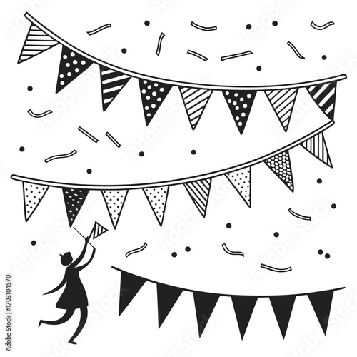 Joyful silhouette celebrates with festive bunting flags and falling confetti in a black and white illustration