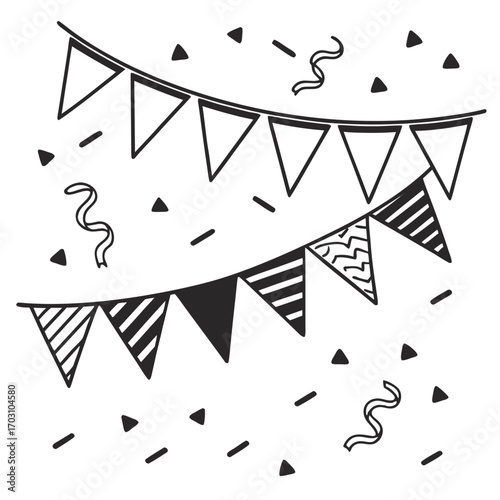 Hand drawn doodle style party bunting flags and confetti for celebration and festive occasions