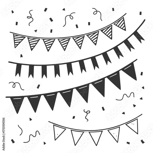 Hand drawn doodle style festive bunting flags and confetti for celebration and party decorations