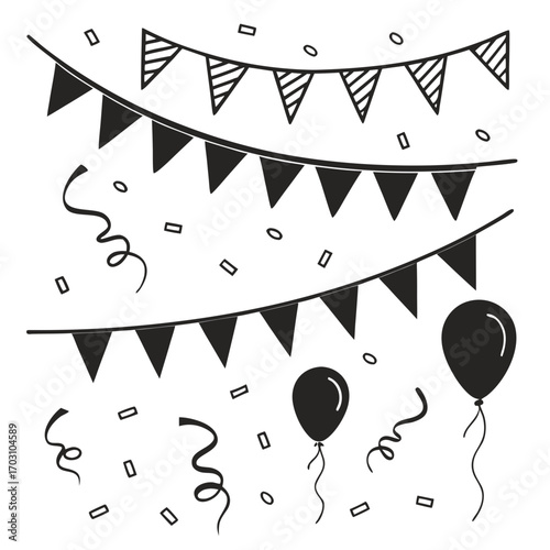 Black silhouette celebration elements including bunting flags balloons confetti and streamers on white background