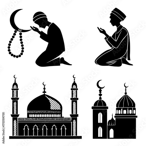Silhouette of muslims praying with prayer beads and crescent moon alongside mosque illustrations