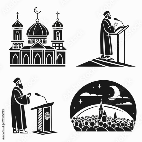 Islamic religious figures and symbols including a mosque imams speaking and a congregation under the night sky