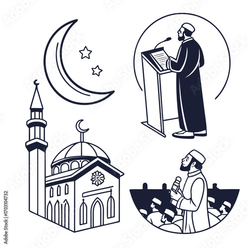Islamic cultural icons including a mosque crescent moon with stars and imams giving sermons
