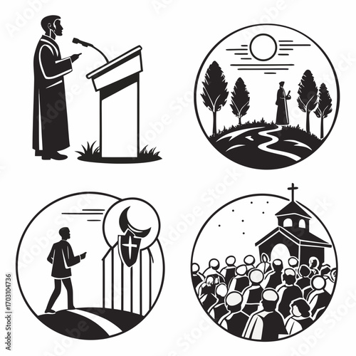 Set of four black and white graphic illustrations depicting religious themes and public speaking events
