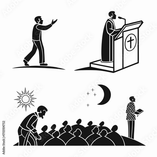 Diverse religious services and spiritual gatherings depicted through stylized silhouettes in day and night settings
