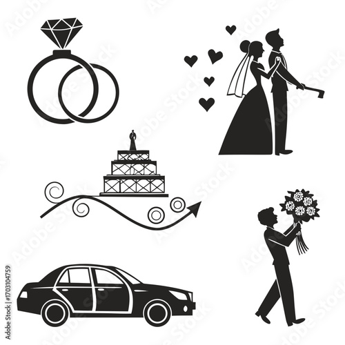 Collection of wedding icons including rings bride and groom cake car and flowers