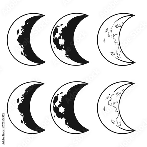 Six stylized crescent moon illustrations showing different phases and surface details in black and white