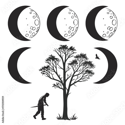 Silhouette of a person with a scythe under a tree with moon phases above and a bird flying