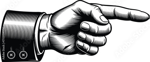 Vintage engraving of pointing hand illustration. Retro vector etching of right hand gesture for signage, labels, posters, or design.