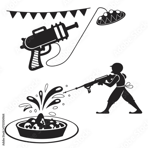 Cartoon silhouette of a person with a water gun aiming at a fountain with a water pistol and bunting overhead